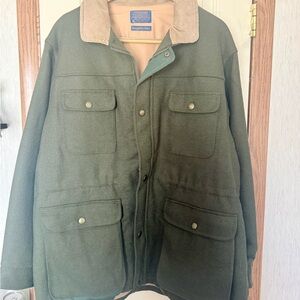 Men's Green Pendleton Wool Jacket with Tan Corduroy Collar and detachable hood